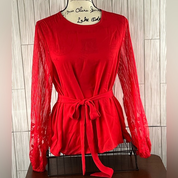 SHEIN Tops - Shein Red Long Sleeve Lacy Gathered Cuffs Top